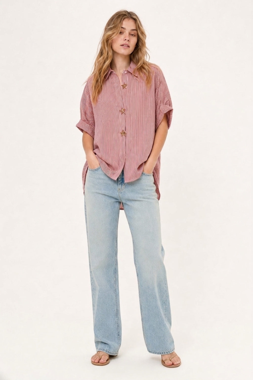 Pink Oversized Striped Poplin Shirt with Starfish Buttons - Shirts