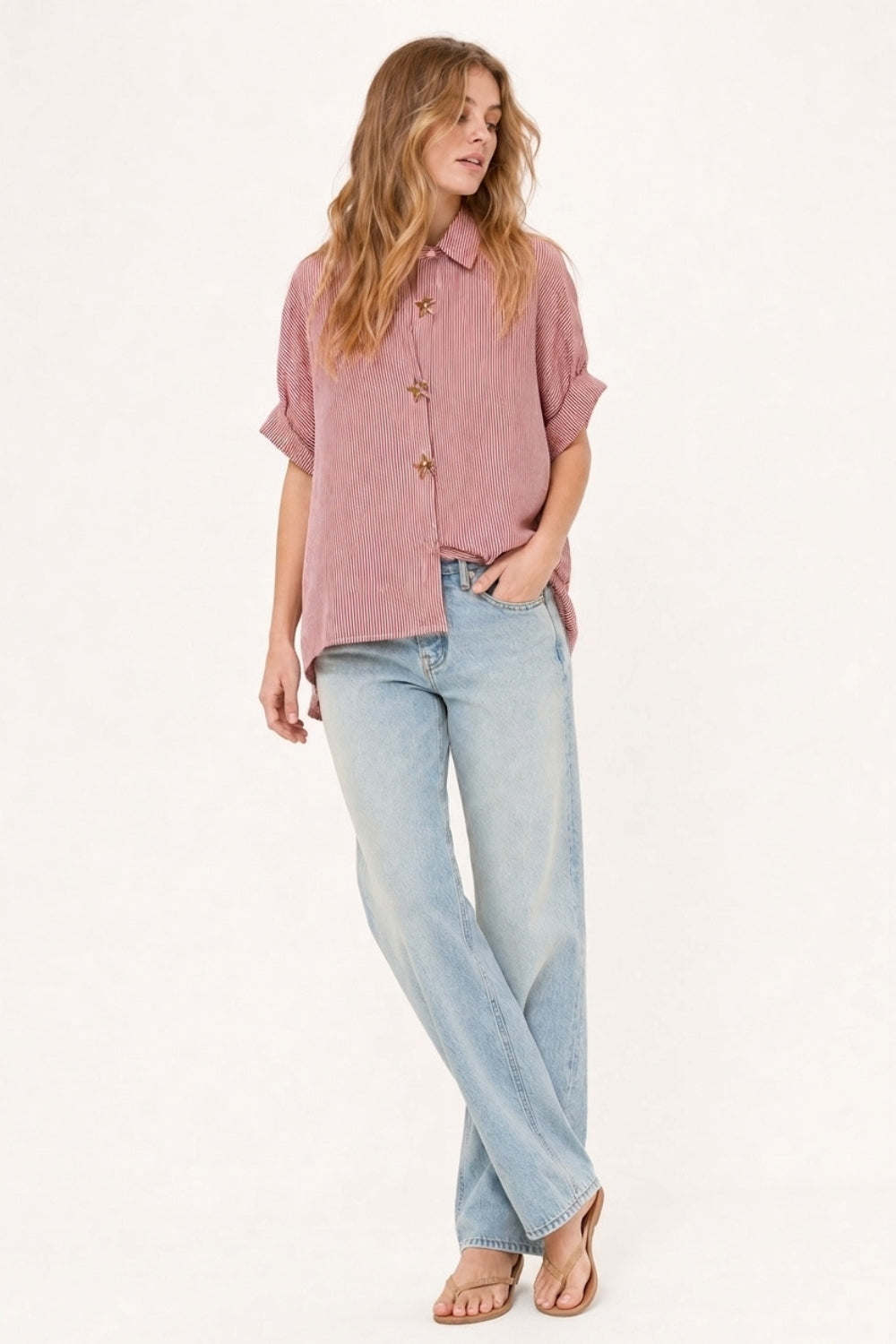 Pink Oversized Striped Poplin Shirt with Starfish Buttons - Shirts