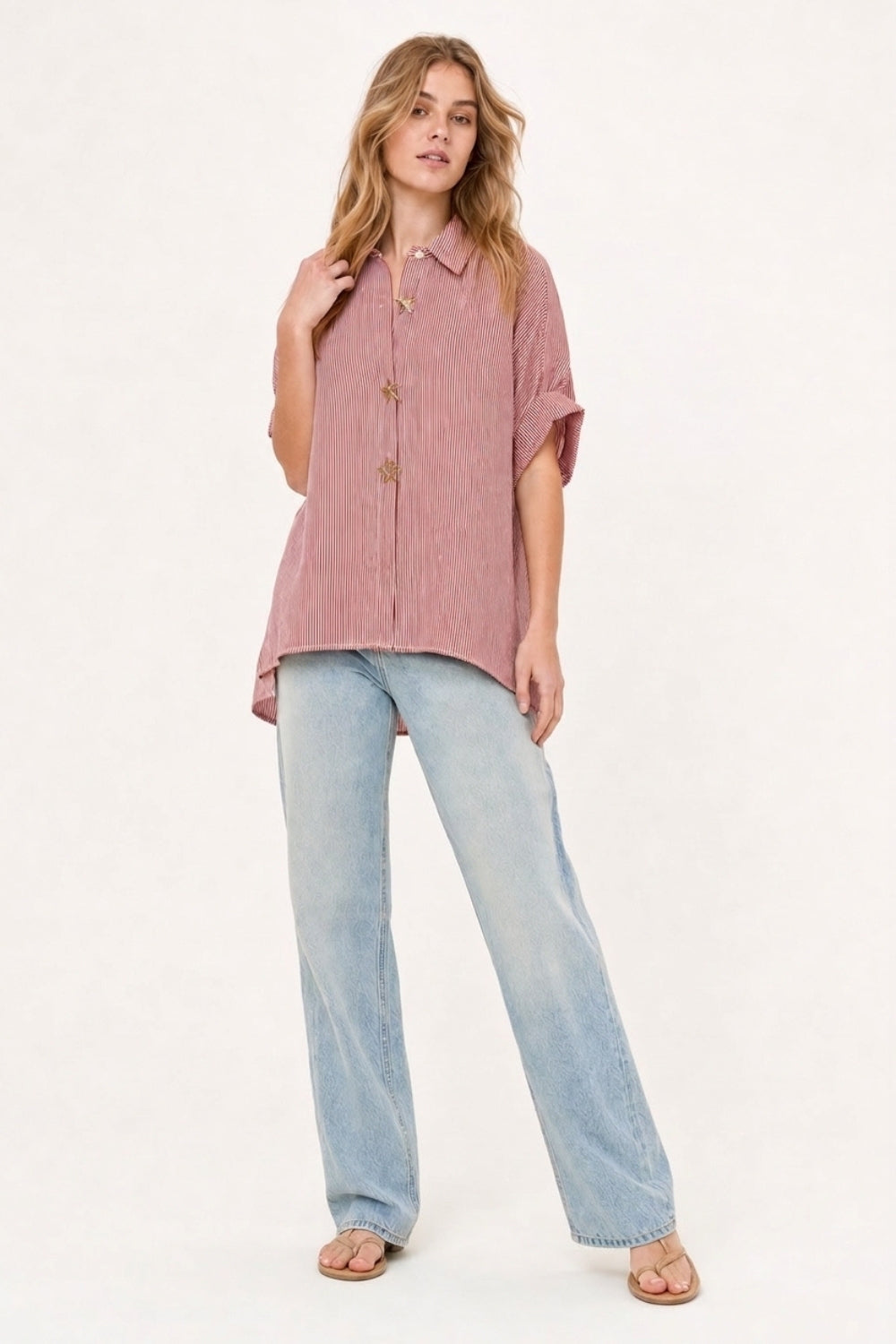 Pink Oversized Striped Poplin Shirt with Starfish Buttons - Shirts