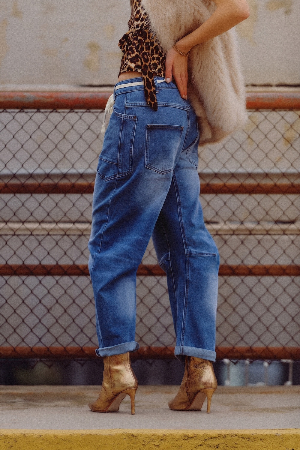 Blue Mid Wash ankle Wide Leg Jeans with Belt - Denim