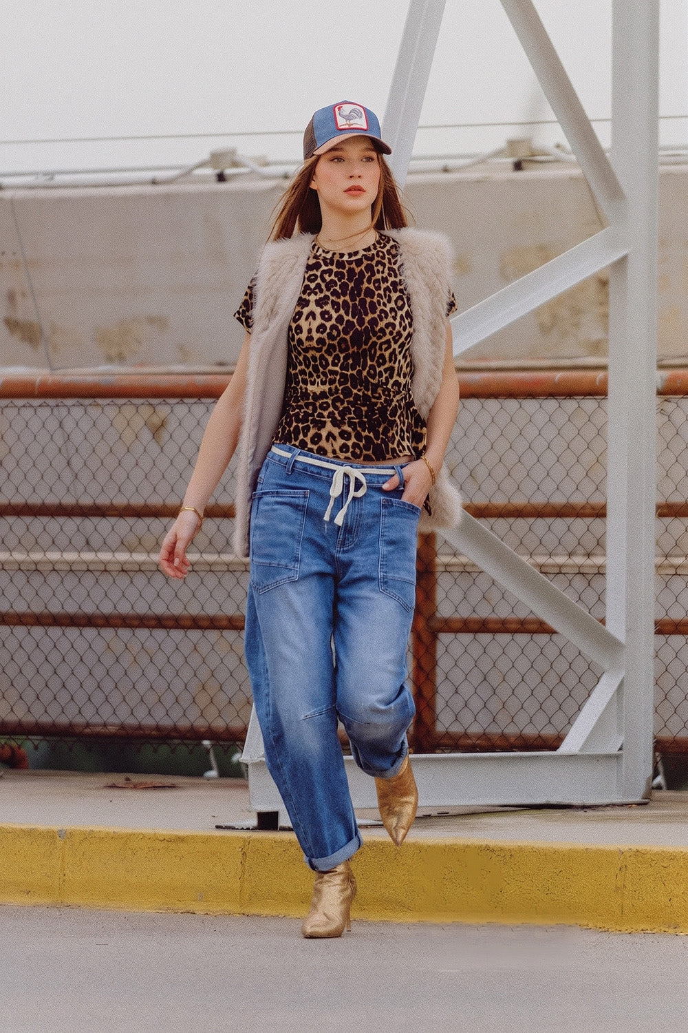 Blue Mid Wash ankle Wide Leg Jeans with Belt - Denim