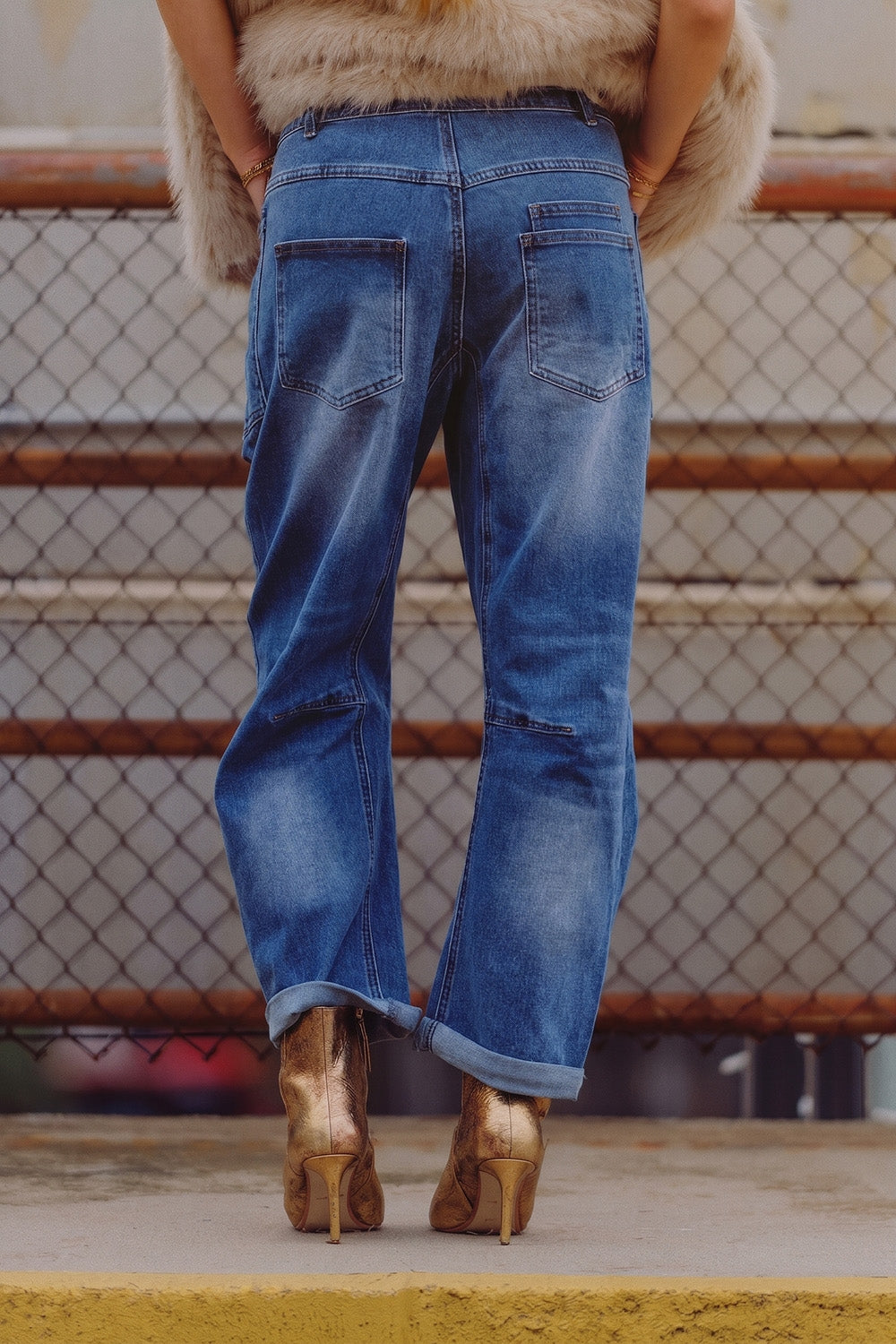 Blue Mid Wash ankle Wide Leg Jeans with Belt - Denim