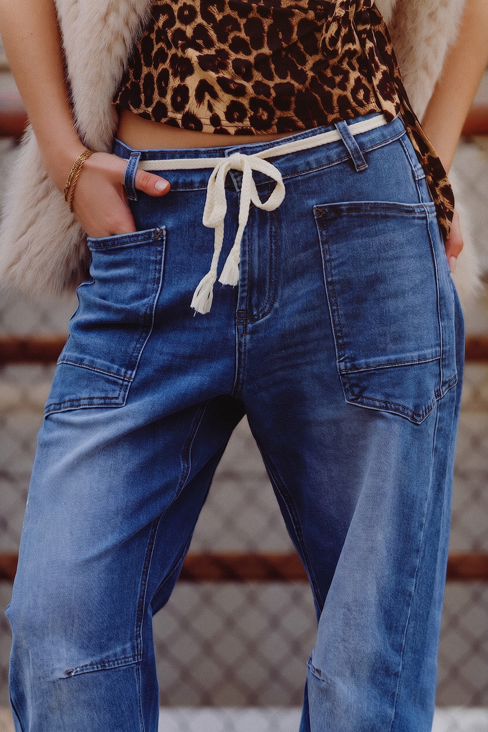 Blue Mid Wash ankle Wide Leg Jeans with Belt - Denim