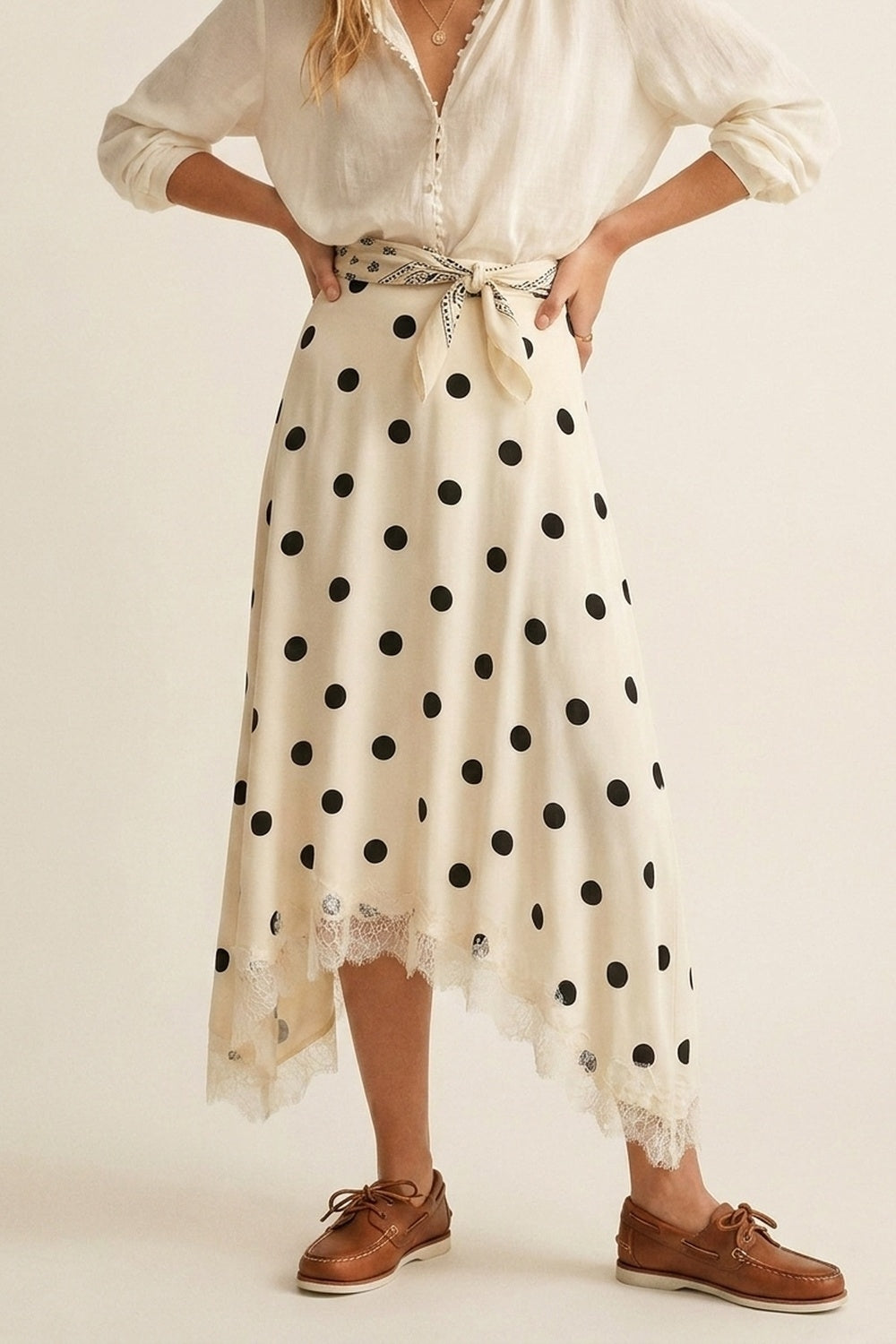 Cream Polka-Dot Print Satin Lace Trim Asymmetrical Midi Skirt