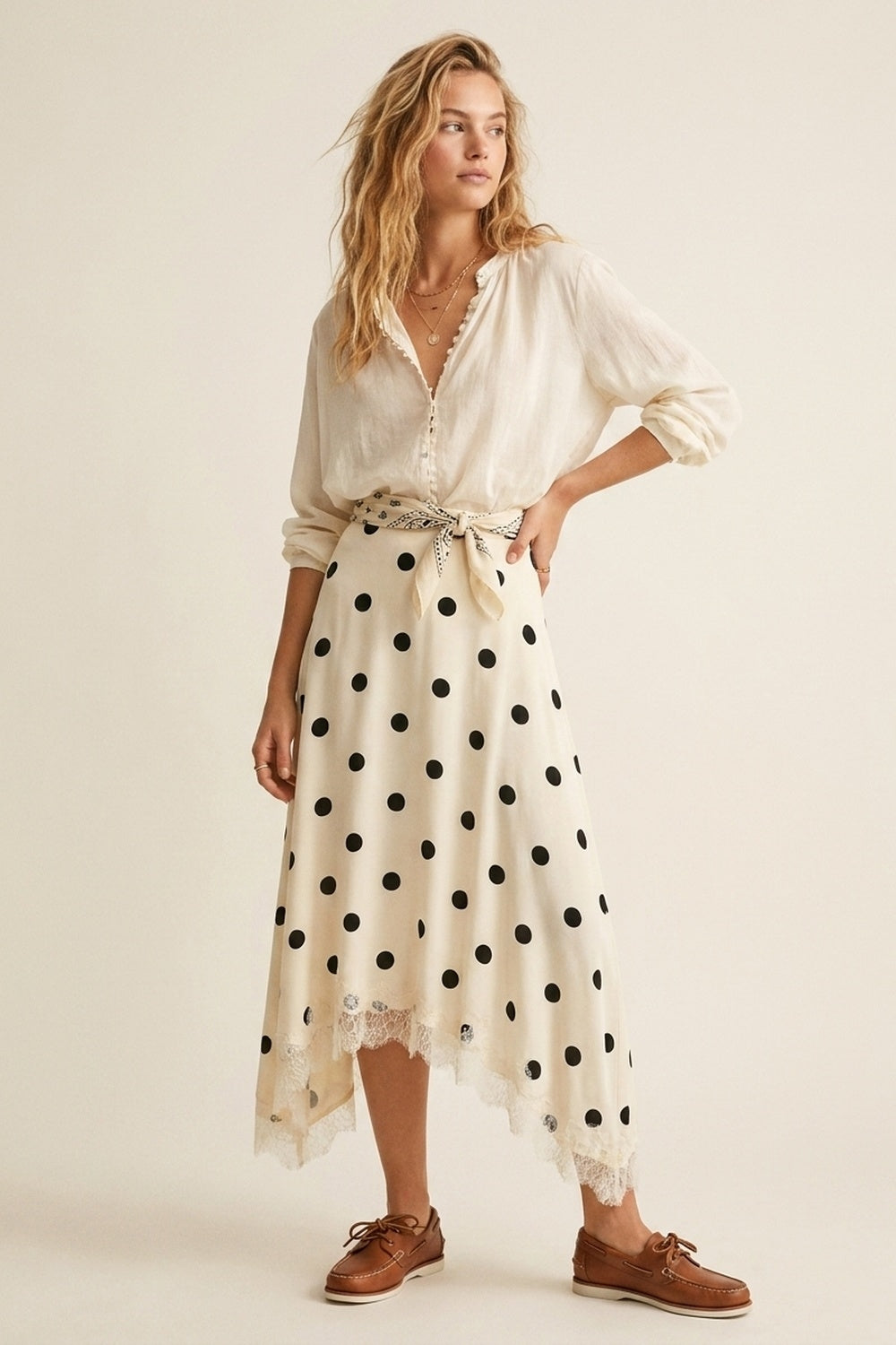 Cream Polka-Dot Print Satin Lace Trim Asymmetrical Midi Skirt