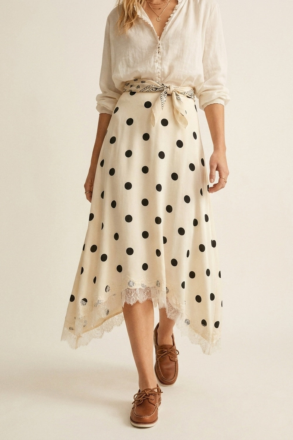Cream Polka-Dot Print Satin Lace Trim Asymmetrical Midi Skirt