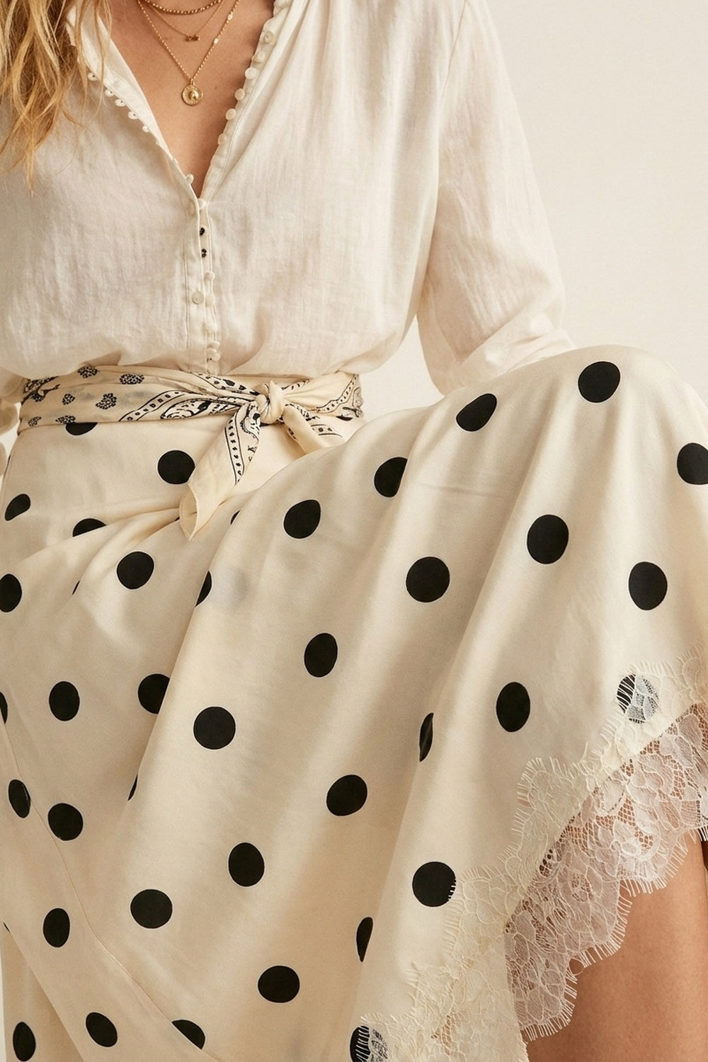 Cream Polka-Dot Print Satin Lace Trim Asymmetrical Midi Skirt