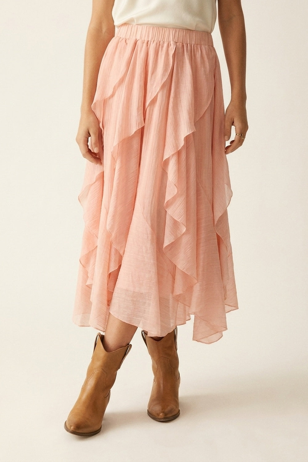 Pink Lightweight Woven Ruffle Tiered Asymmetrical Midi Skirt