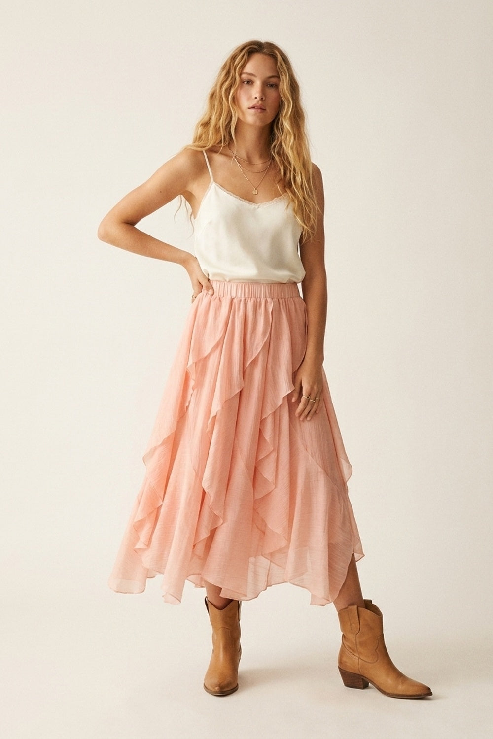 Pink Lightweight Woven Ruffle Tiered Asymmetrical Midi Skirt