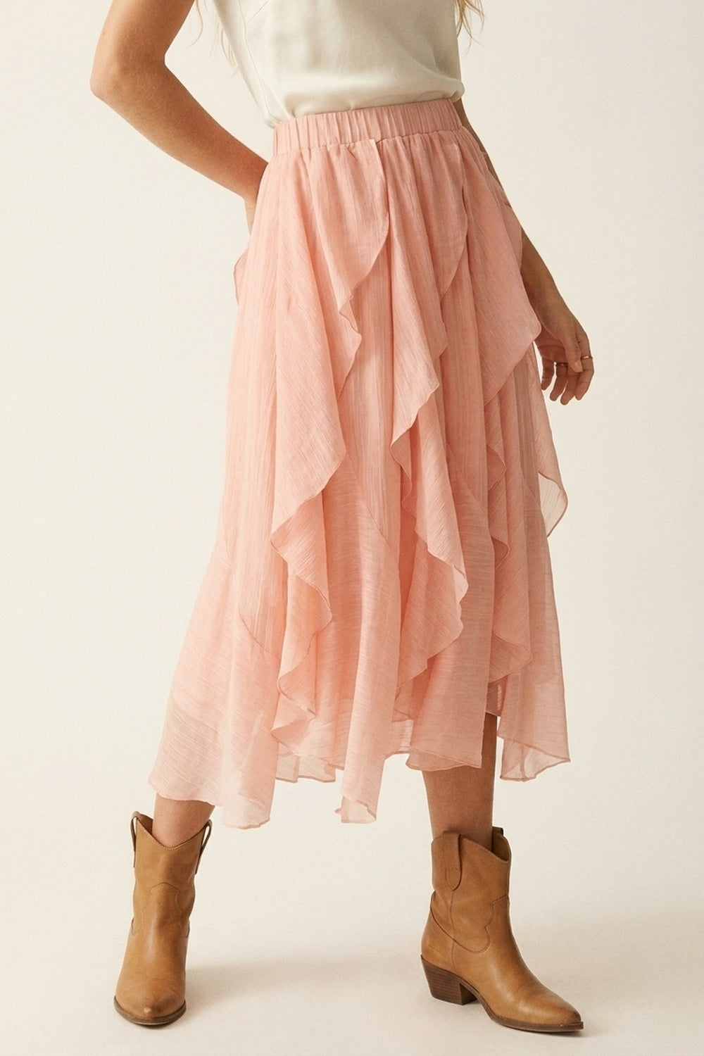 Pink Lightweight Woven Ruffle Tiered Asymmetrical Midi Skirt