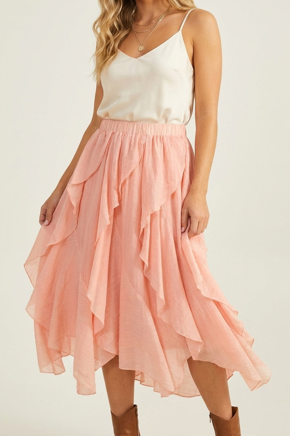 Pink Lightweight Woven Ruffle Tiered Asymmetrical Midi Skirt