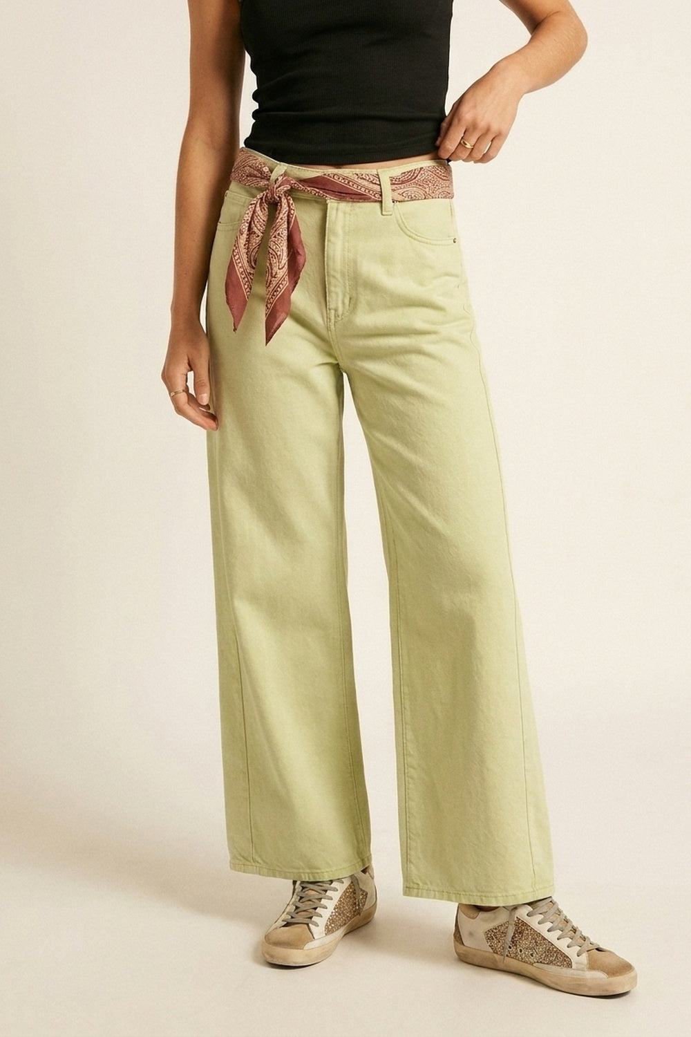 Extra Wide-Leg elastic Cotton Twill Pants in Mint green - Coloured Jeans