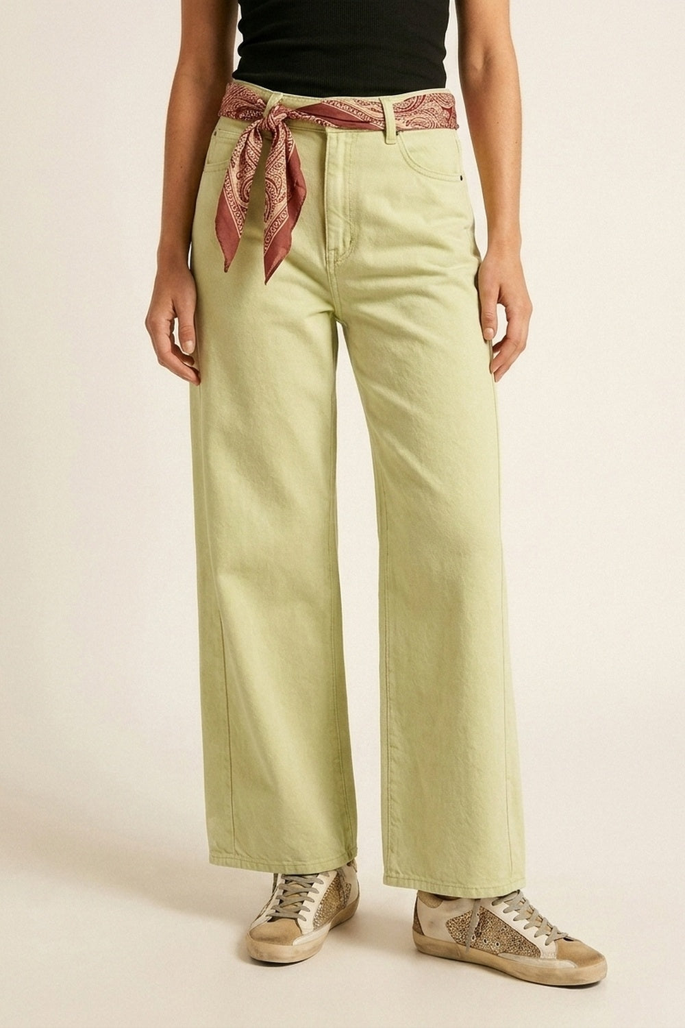 Extra Wide-Leg elastic Cotton Twill Pants in Mint green - Coloured Jeans