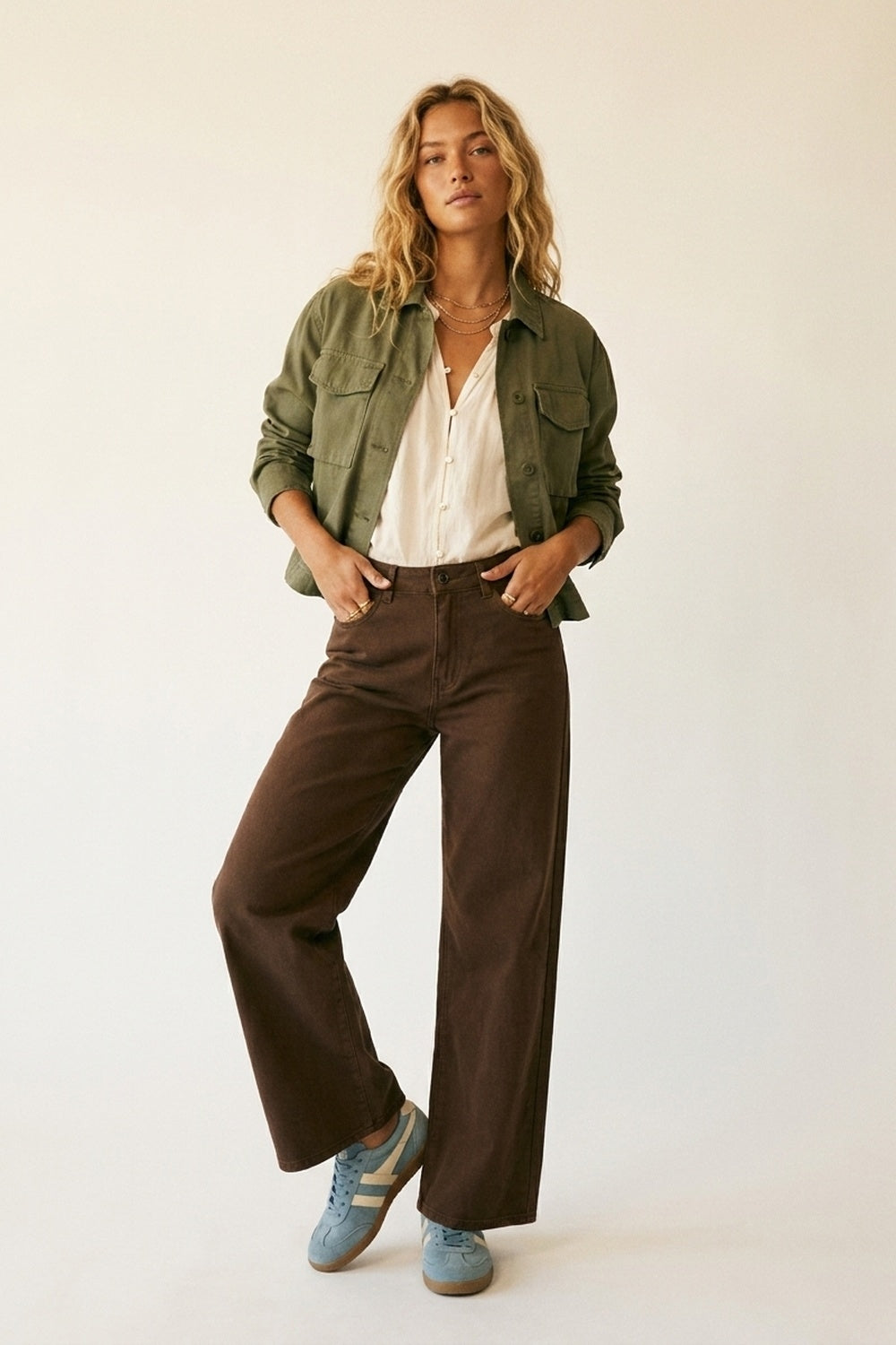 Brown Wide-Leg Pants with lightweight Twill - Coloured Jeans