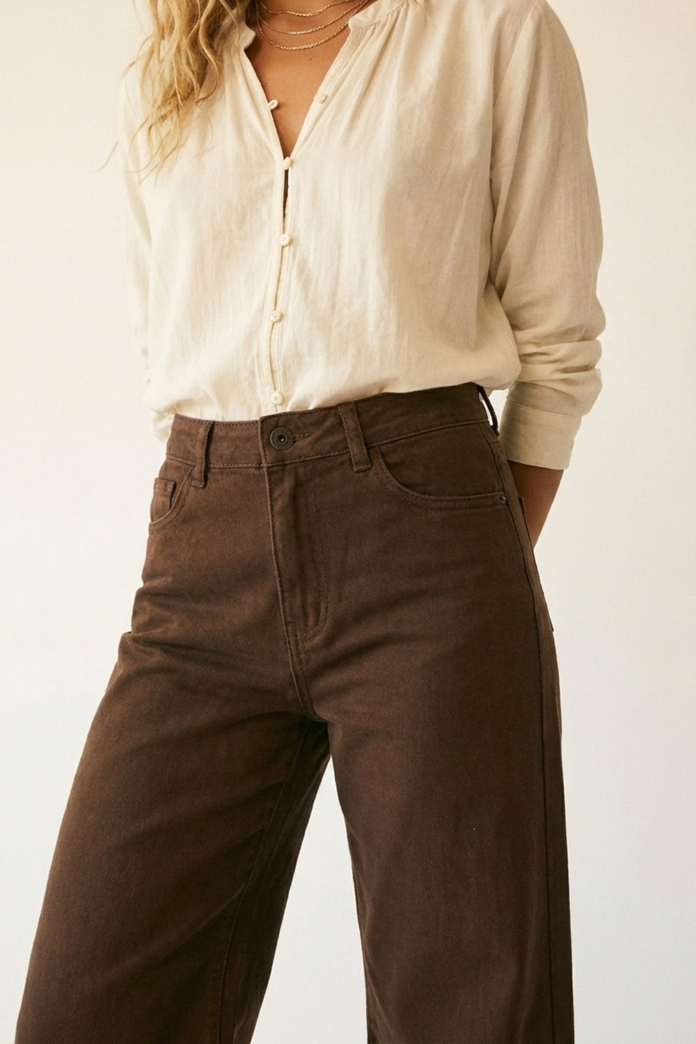 Brown Wide-Leg Pants with lightweight Twill - Coloured Jeans