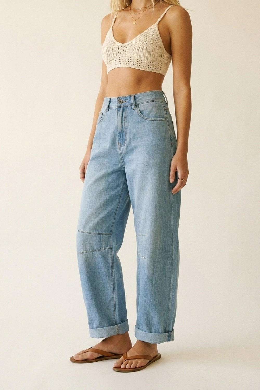 Light Wash Barrel Jeans With Knee Seam Detail - Denim