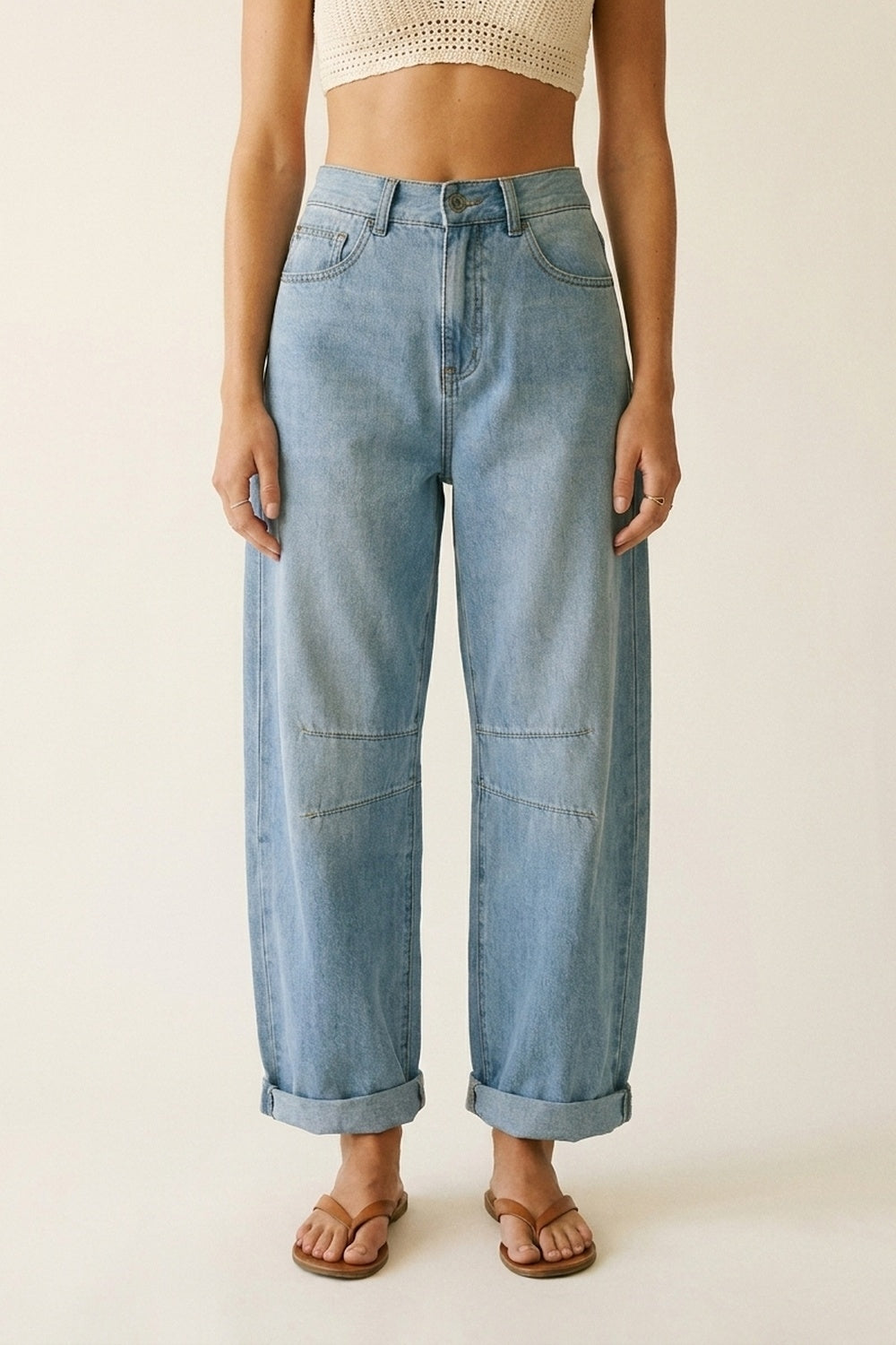 Light Wash Barrel Jeans With Knee Seam Detail - Denim
