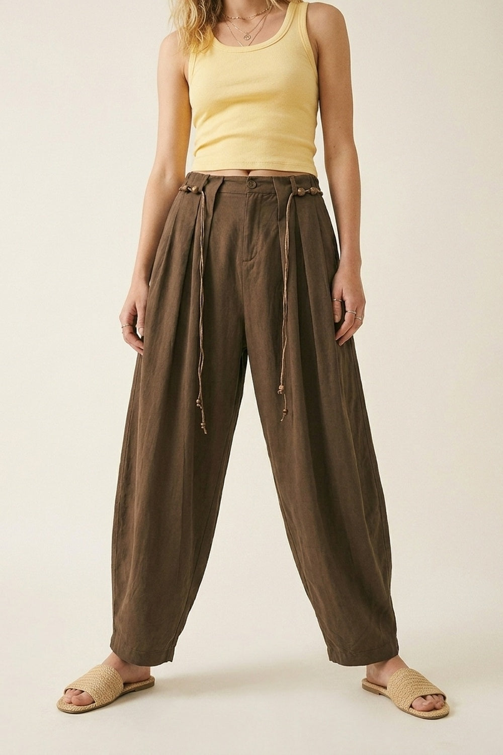 Brown Relaxed Fit Wide-Leg Drawstring Trousers - trousers