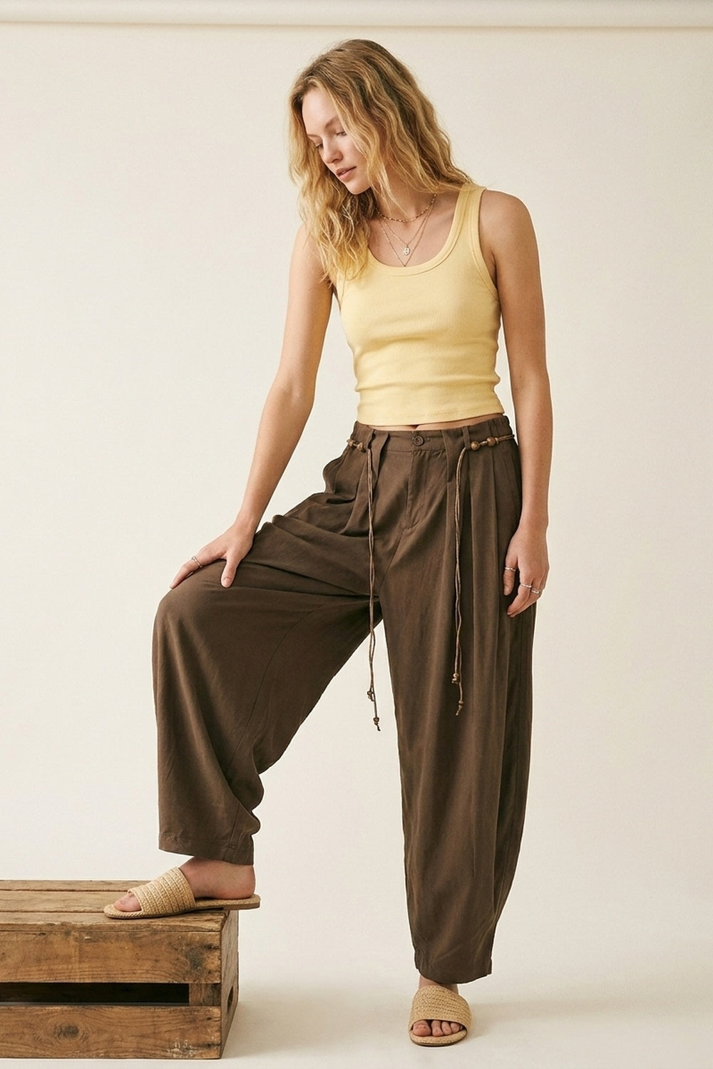 Brown Relaxed Fit Wide-Leg Drawstring Trousers - trousers