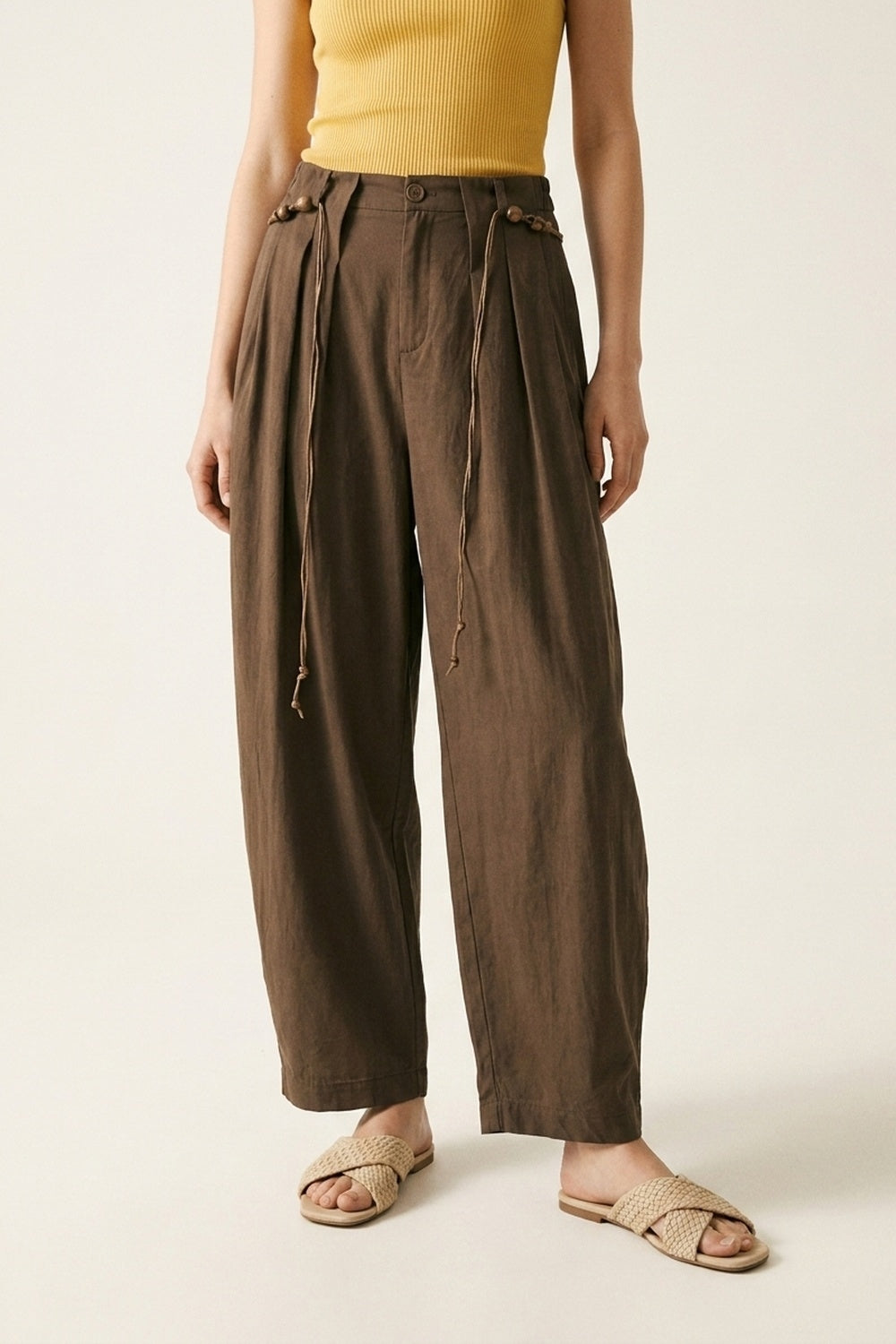 Brown Relaxed Fit Wide-Leg Drawstring Trousers - trousers