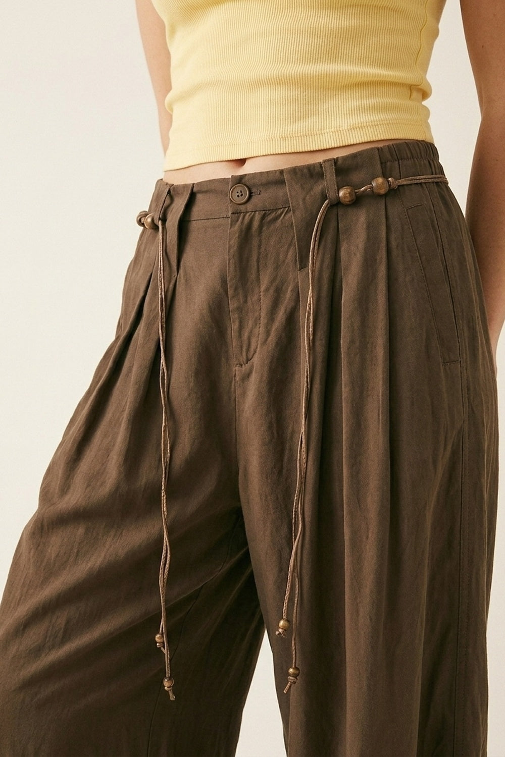 Brown Relaxed Fit Wide-Leg Drawstring Trousers - trousers