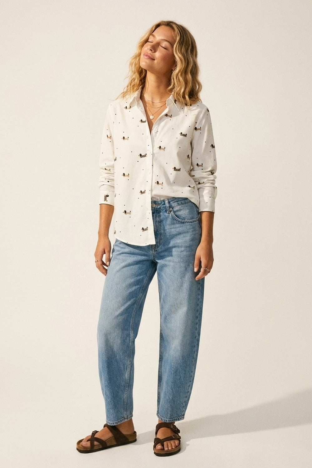 White Button-Up Shirt with Playful Dog Print - Shirts
