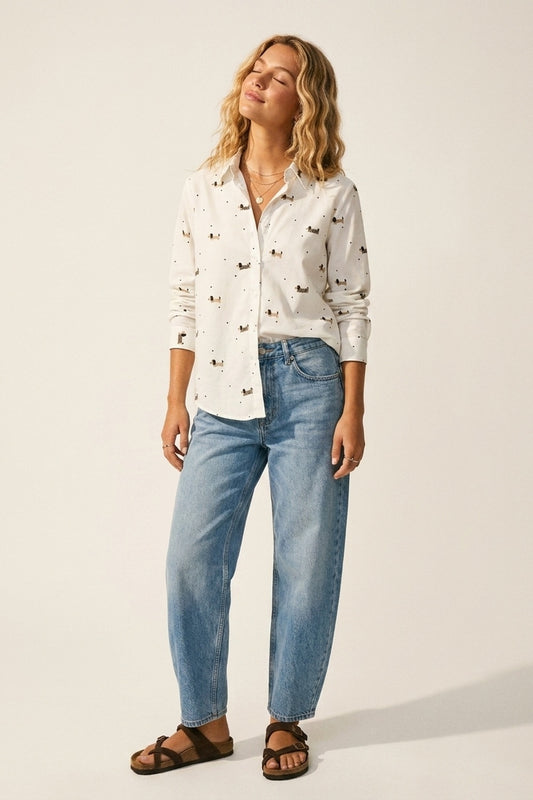 White Button-Up Shirt with Playful Dog Print - Shirts