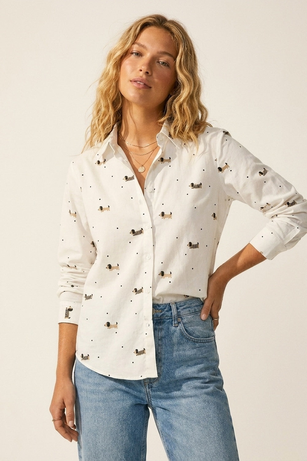 White Button-Up Shirt with Playful Dog Print - Shirts