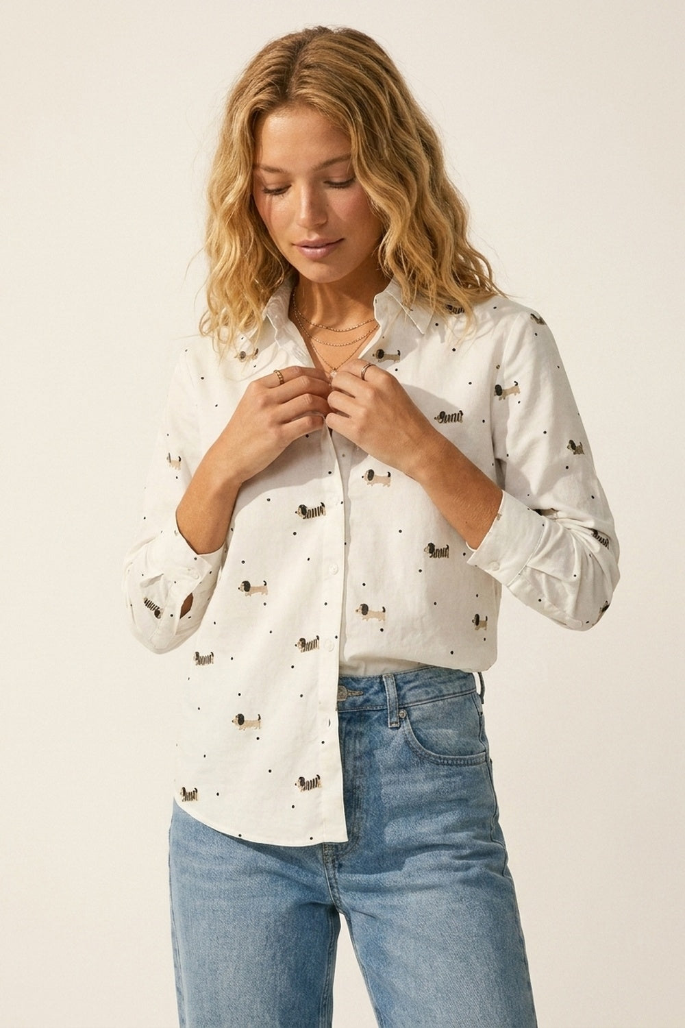 White Button-Up Shirt with Playful Dog Print - Shirts