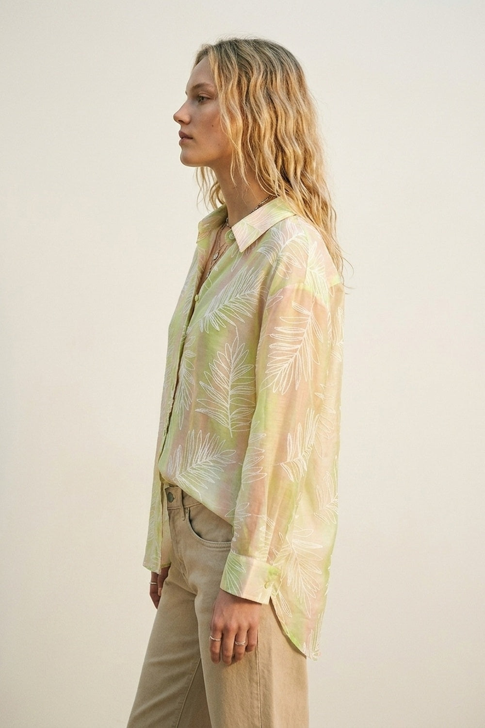 Green Sheer Leaf Print Button-Up Shirt with translucent fabric - Shirts