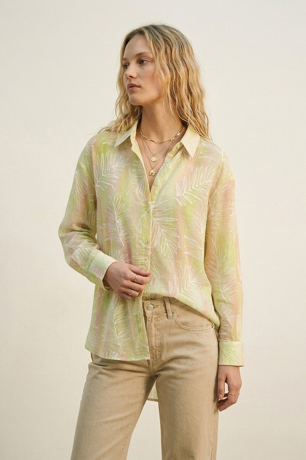 Green Sheer Leaf Print Button-Up Shirt with translucent fabric - Shirts