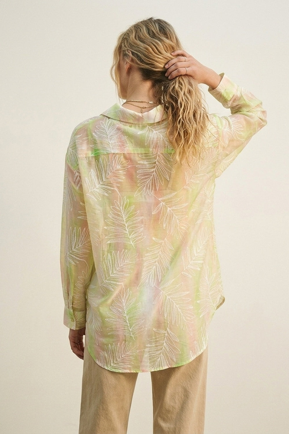 Green Sheer Leaf Print Button-Up Shirt with translucent fabric - Shirts