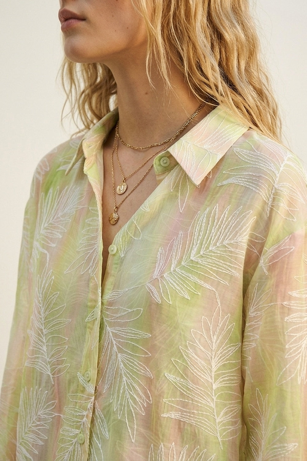 Green Sheer Leaf Print Button-Up Shirt with translucent fabric - Shirts