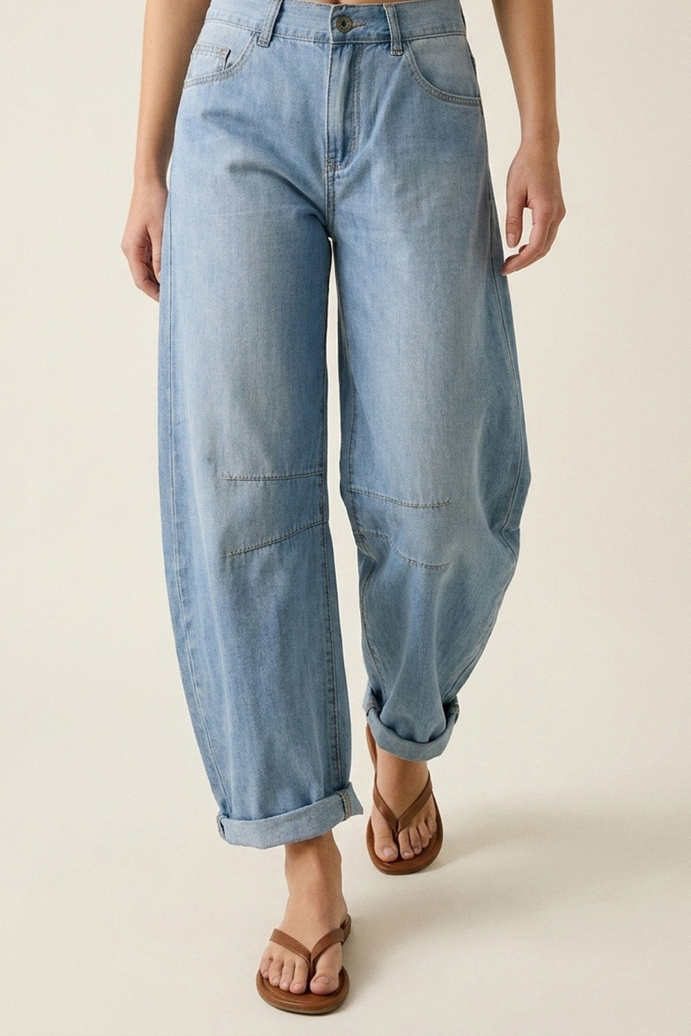 Light Wash Barrel Jeans With Knee Seam Detail - Denim