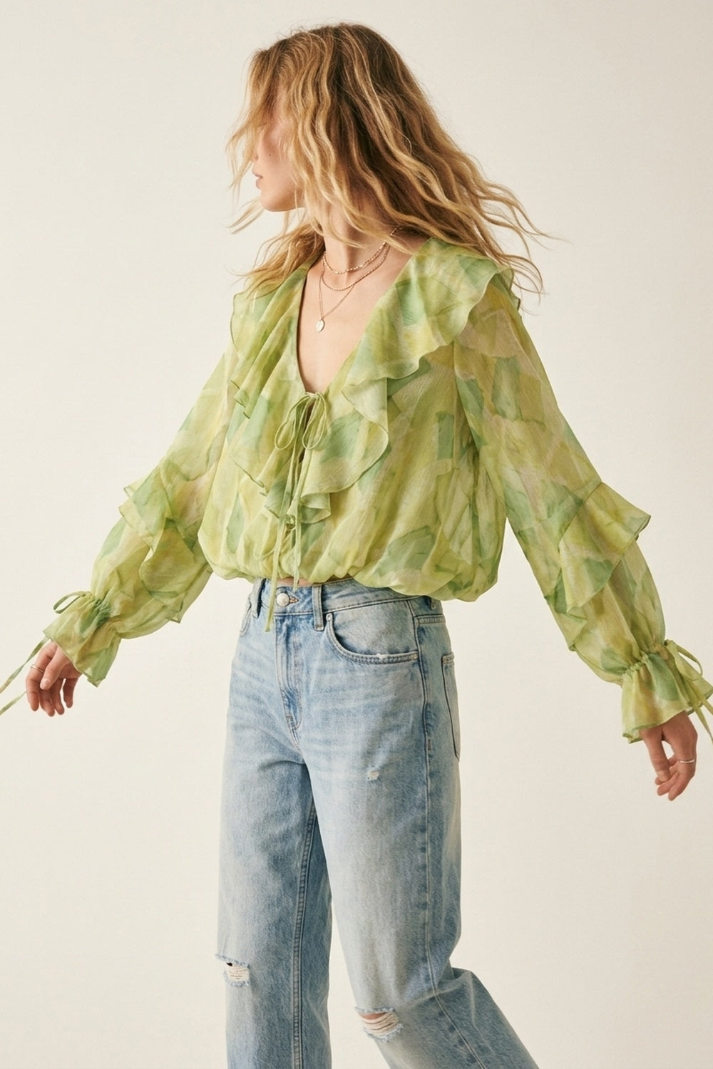 Light Green Ruffled Tie-Front Sheer Blouse