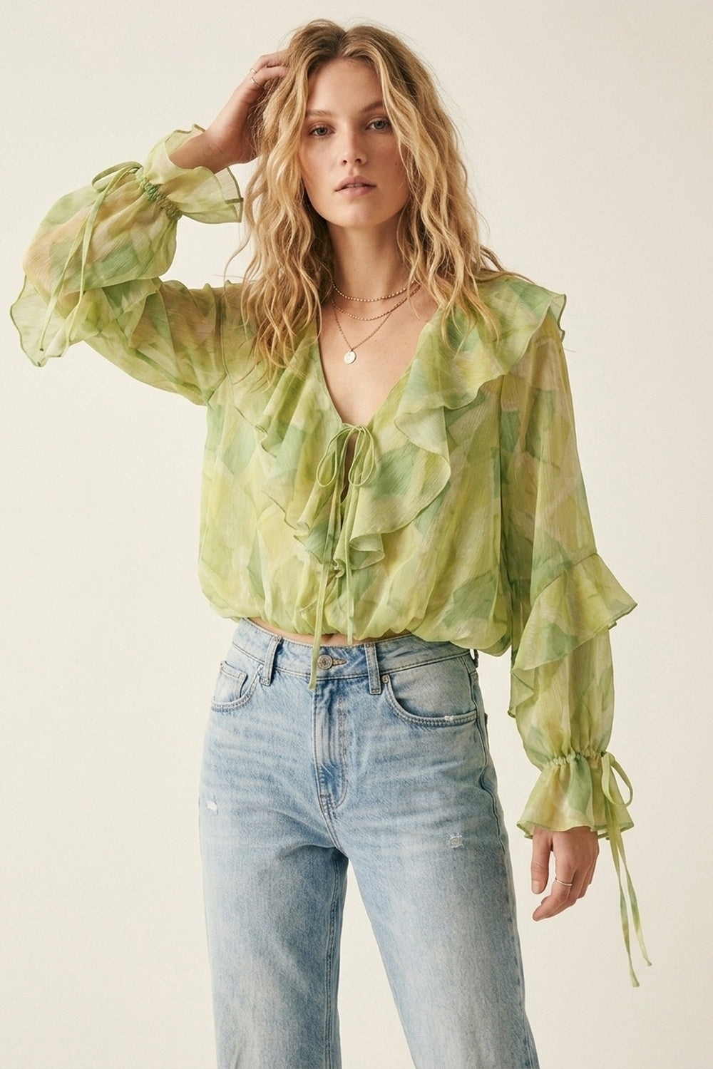 Light Green Ruffled Tie-Front Sheer Blouse