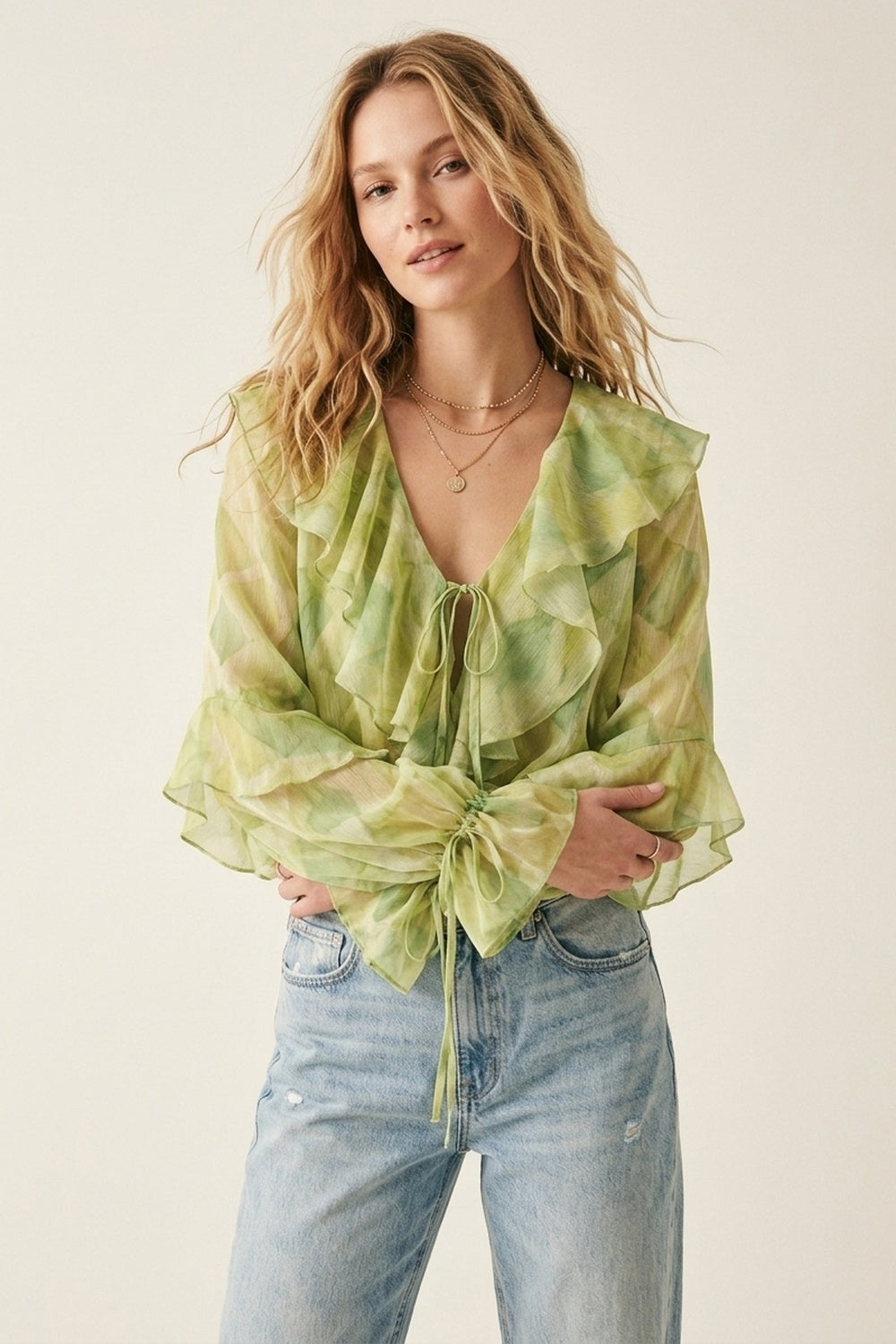 Light Green Ruffled Tie-Front Sheer Blouse
