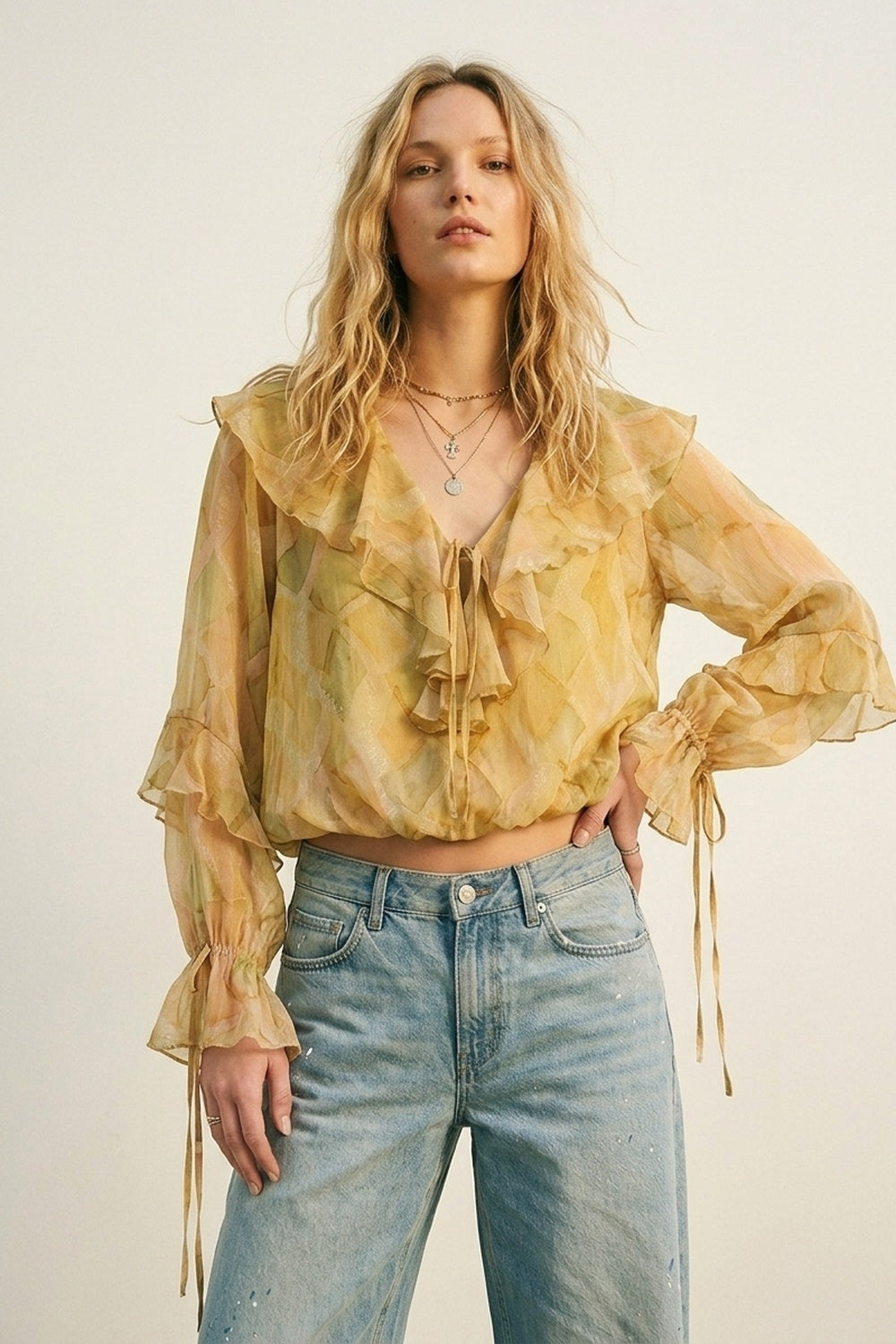 Mustard Ruffle Detail Sheer Blouse with Tie Front