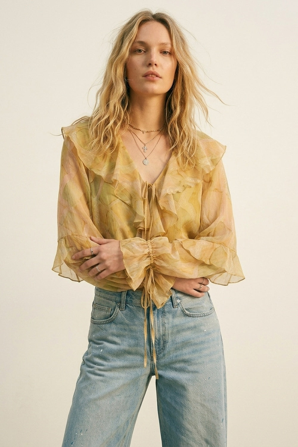 Mustard Ruffle Detail Sheer Blouse with Tie Front