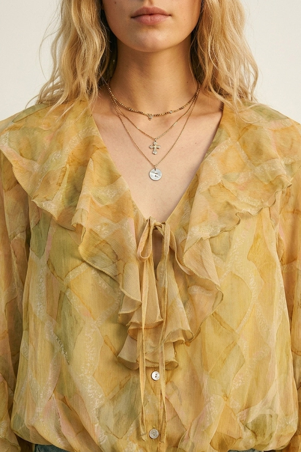 Mustard Ruffle Detail Sheer Blouse with Tie Front