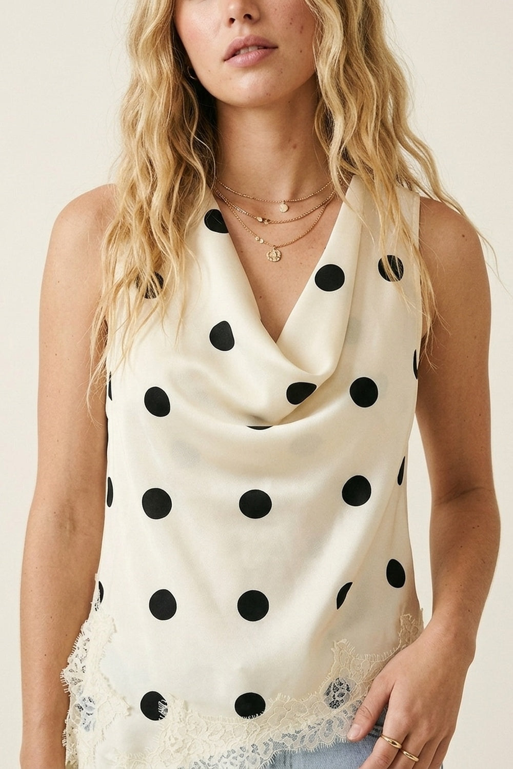 Cream Polka-Dot Satin Lace Trim Asymmetrical Sleeveless Top
