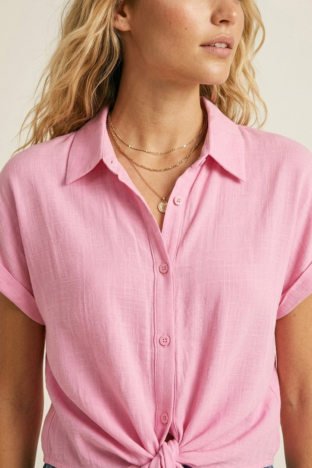 Pink Lightweight Woven Short Sleeve Shirt Top with Tie Front - Shirts