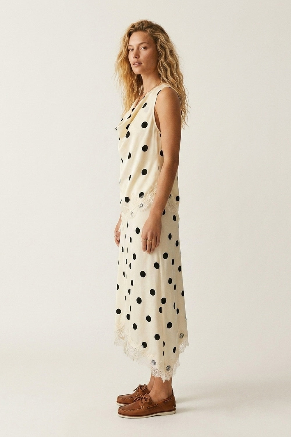 Cream Polka-Dot Satin Lace Trim Asymmetrical Sleeveless Top