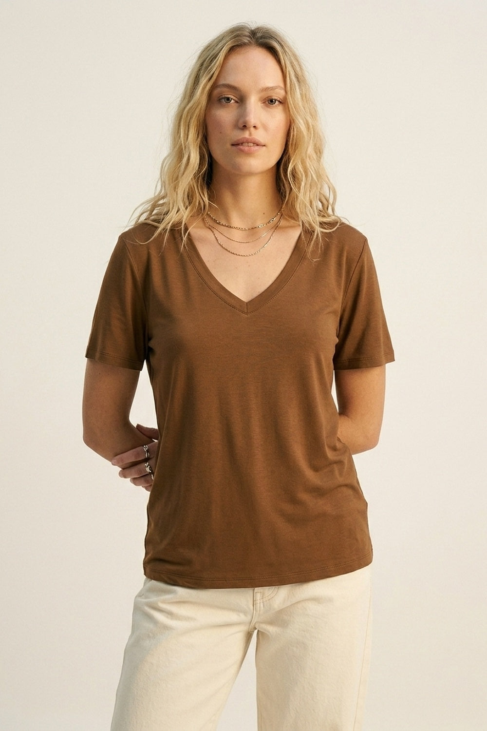 Brown Soft wide V-Neck t-shirt in viscose fabric - top