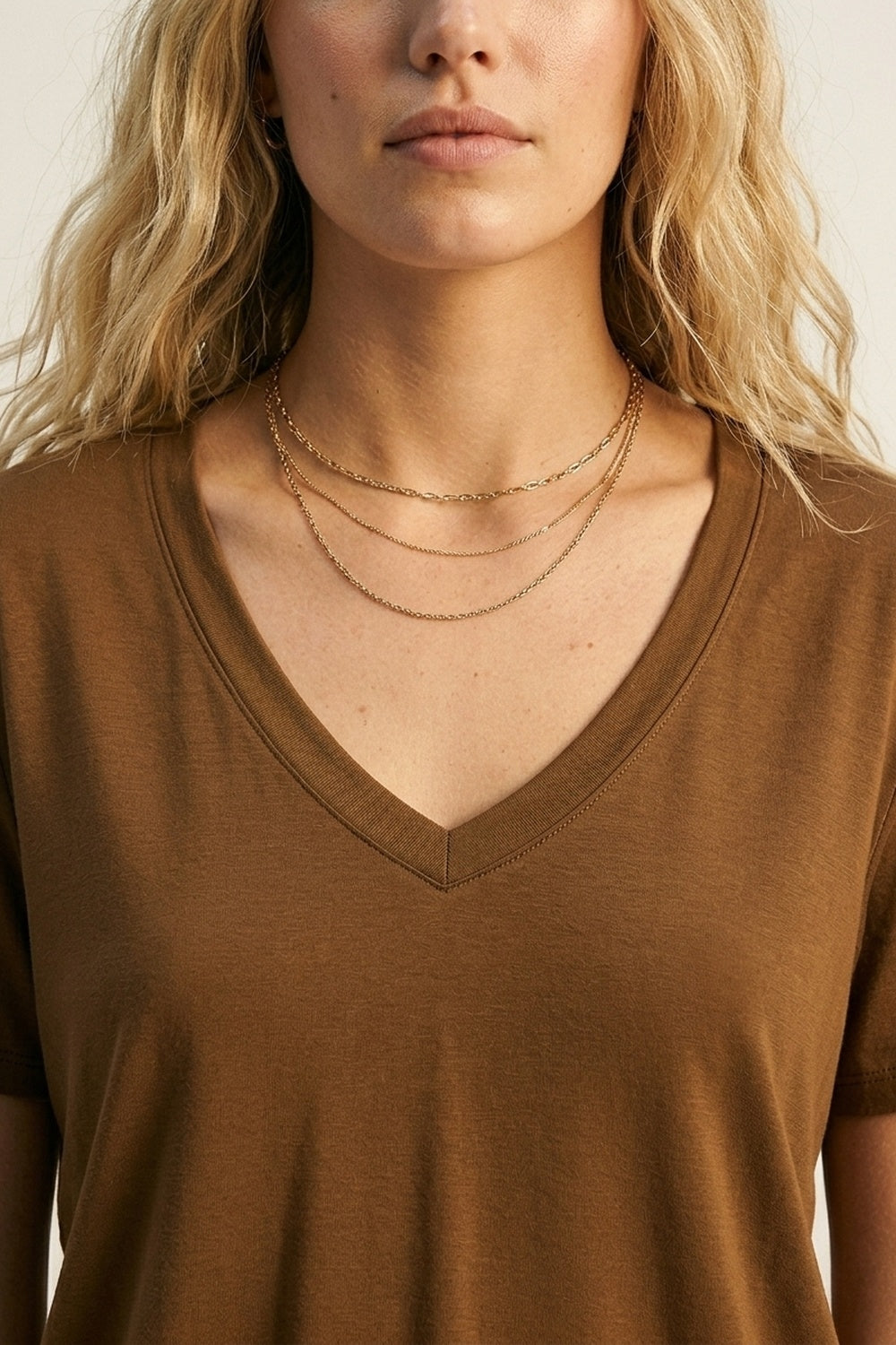 Brown Soft wide V-Neck t-shirt in viscose fabric - top