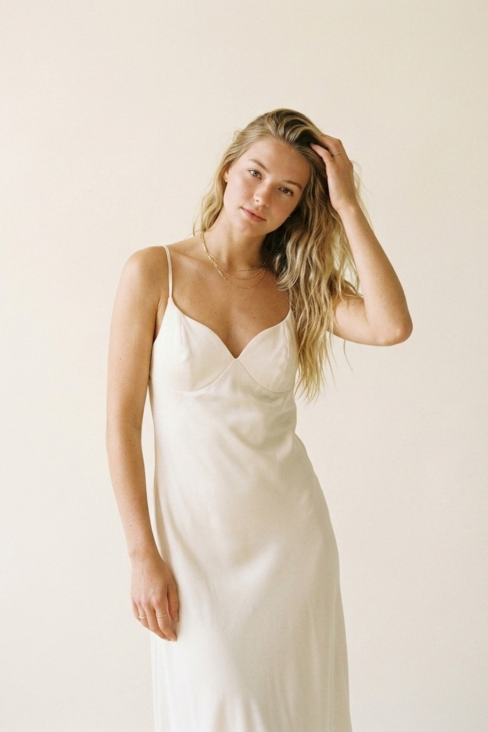 Cream Slip Dress with Adjustable Straps and V-Neckline - dress