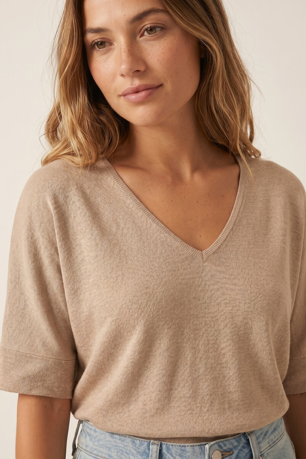 Beige V-Neck Relaxed Fit Knit Top