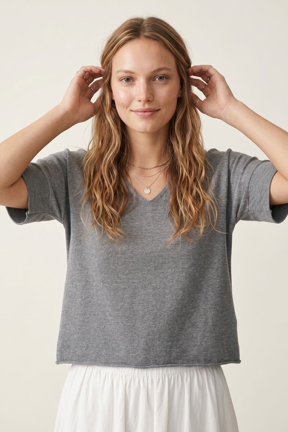 Grey Relaxed V-Neck Short Sleeve Knit Top