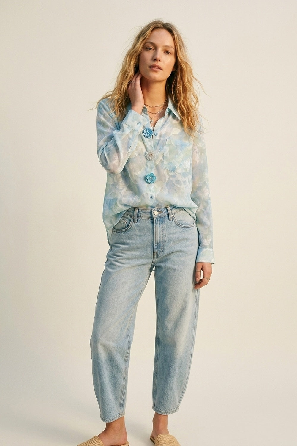 chiffon Lightweight Floral Print Button-Up Shirt in light blue - Shirts