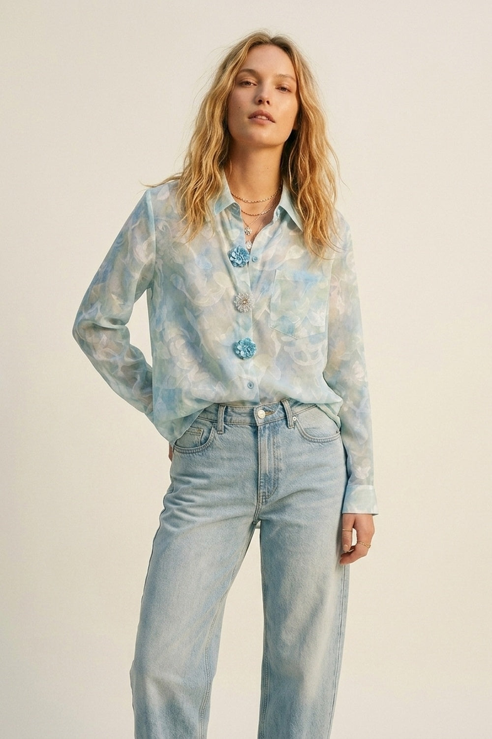 chiffon Lightweight Floral Print Button-Up Shirt in light blue - Shirts